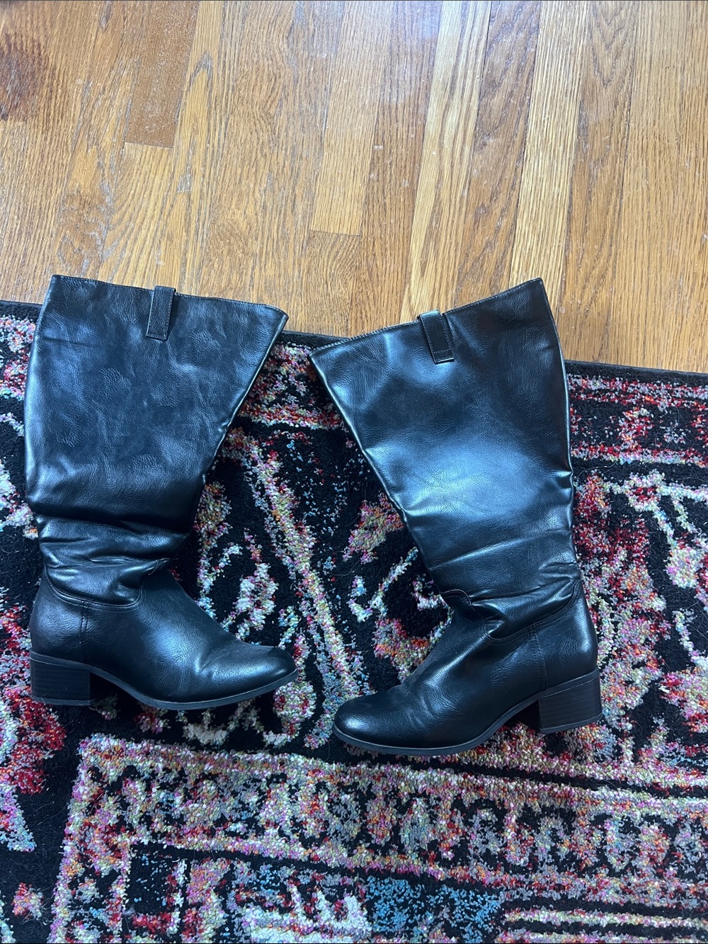Classic Black Knee High Wide Calf Women's Faux Leather Boots